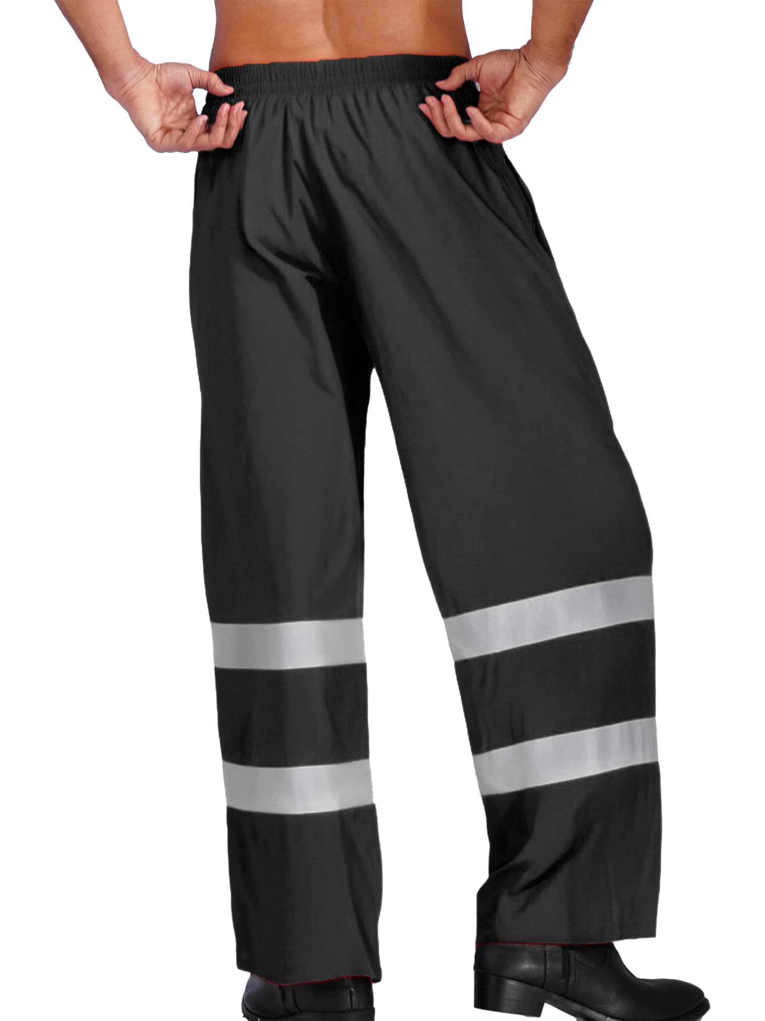 easyforever Men's Hi Vis Reflective Rain Pants Elastic Waistband Wide Leg Safety Pants Rain Gear Black Large