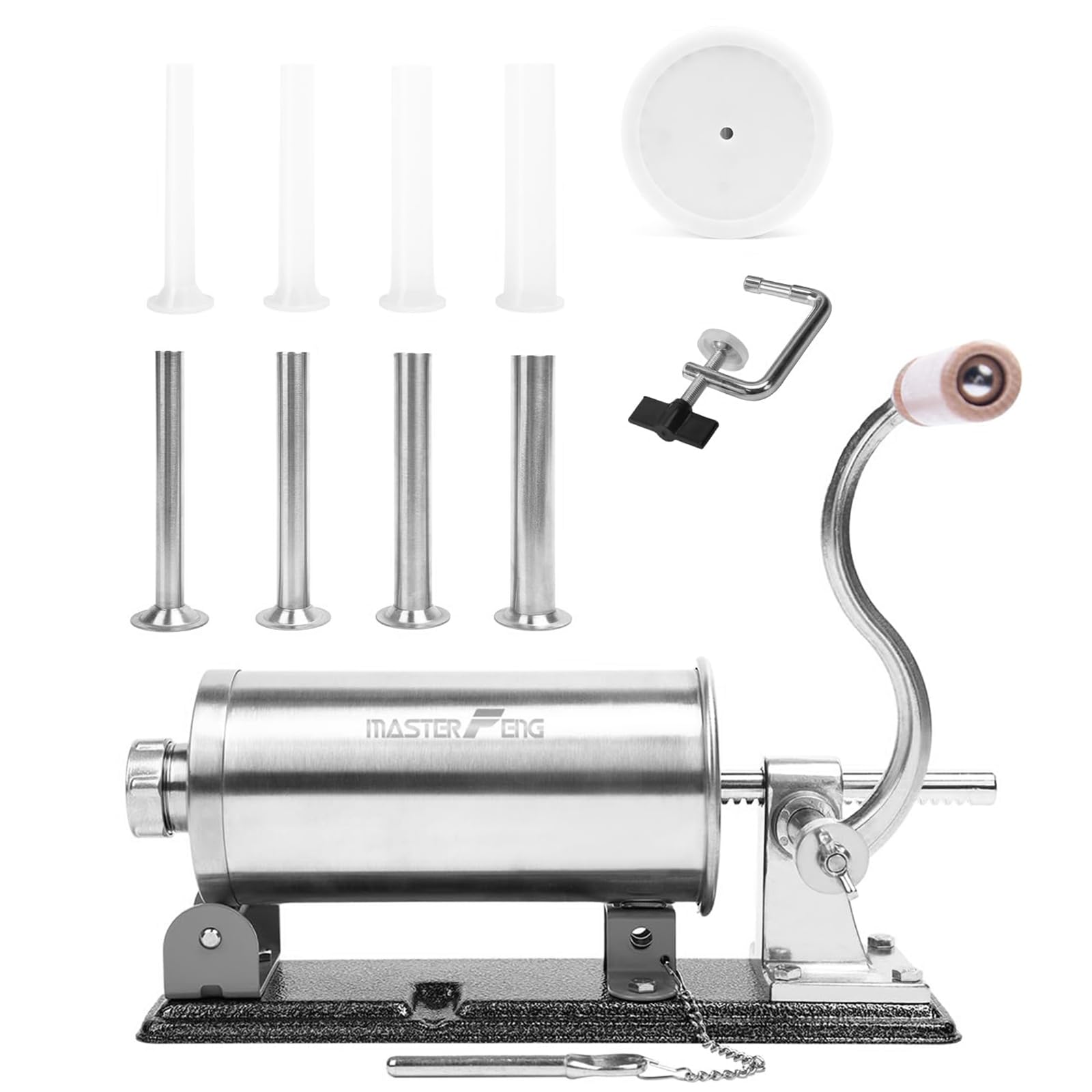 MASTER FENG Horizontal Sausage Stuffer Machine Stainless Steel Sausage Maker Packed with 8 Stuffing Funnels and 1 Silicone Piston 2.5LBS Capacity
