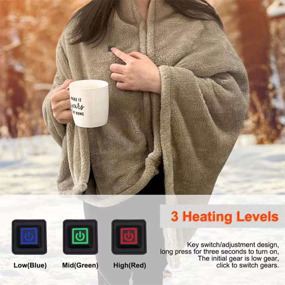 Heated Shawl Wearable Electric Blanket USB Rechargeable Body Cover Blanket 3 Mode Adjustable Soft Comfortable Blanket Machine Washable Khaki 31