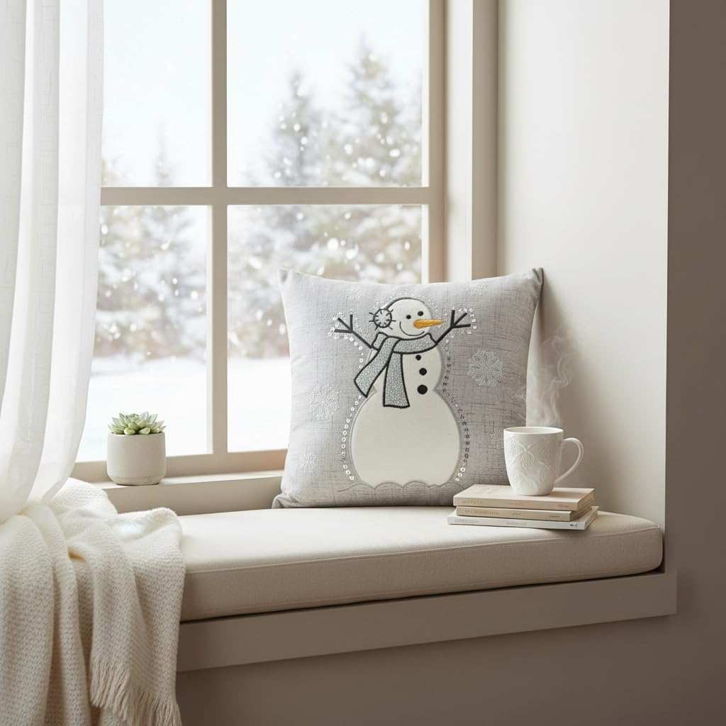 Comfy Hour 35 cm x 35 cm zimowy Boże Narodzenie bałwan w szaliku i słuchawkach płatek śniegu akcent poduszka sezonowa poduszka