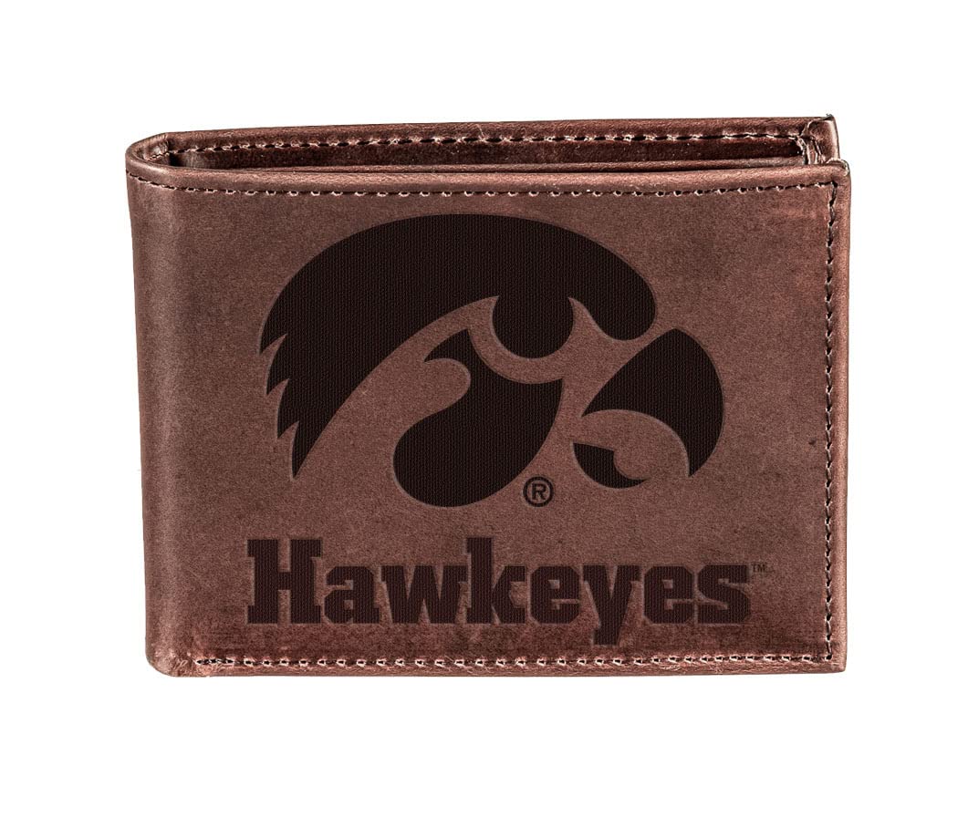 Evergreen Team Sports America NCAA University of Iowa Brown Wallet | Bi-Fold | Officially Licensed Stamped Logo | Made of Leather | Money and Card Organizer | Gift Box Included