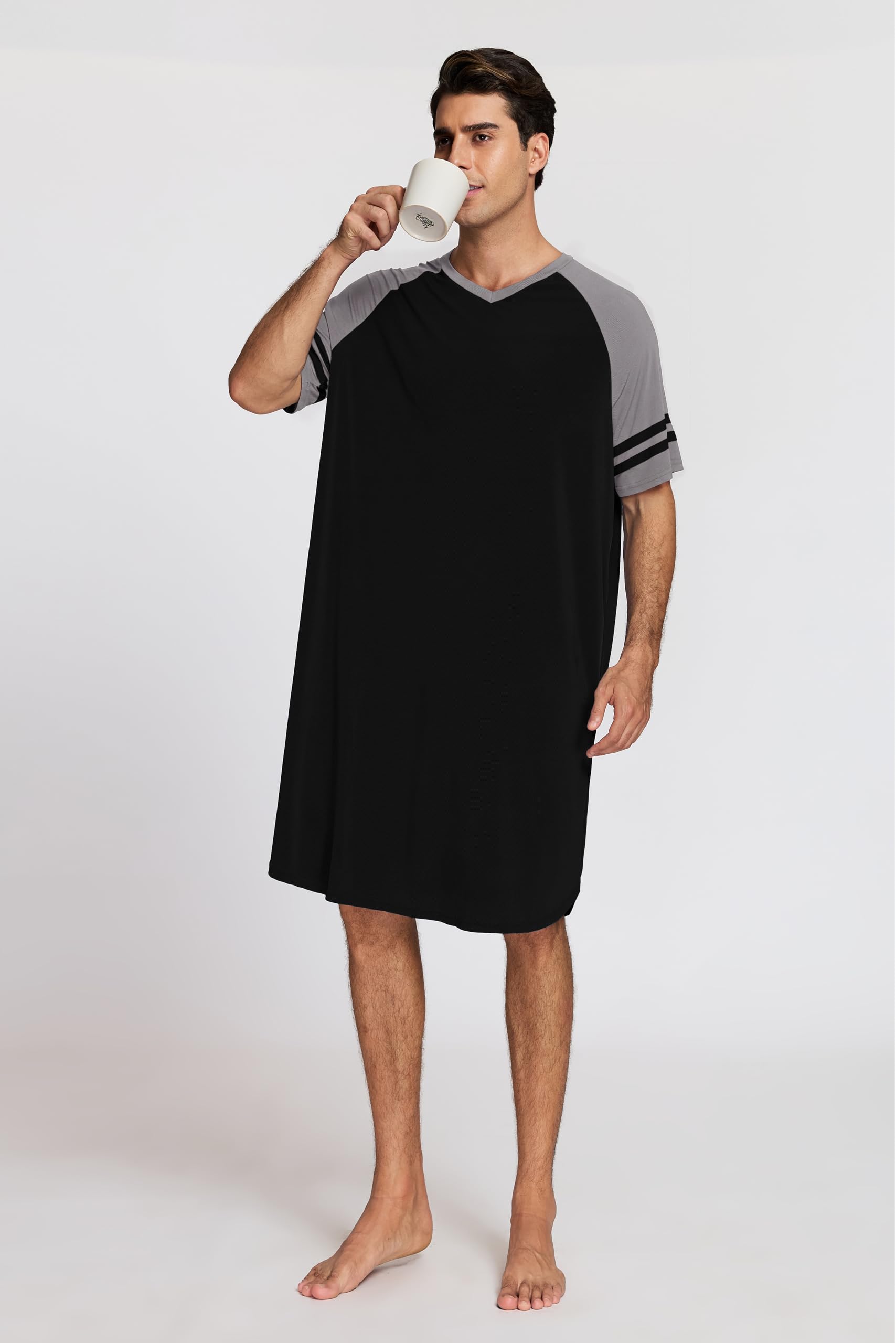 Chemise de Nuit Homme Hauts de Pyjama Tee-Shirt Longueur Genou Col V Manches Courtes Vêtements d'Intérieur Douce Confortable Grande Taille M-4XL