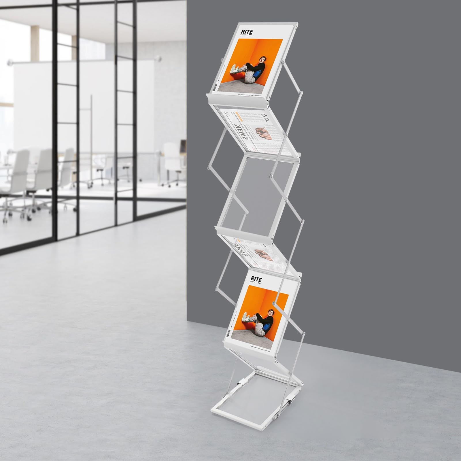 Treeisland Faltbarer Prospektständer A4 Zeitschriftenständer mit 6 Taschen, Bodenaufsteller für Messe, Büro, Ausstellung