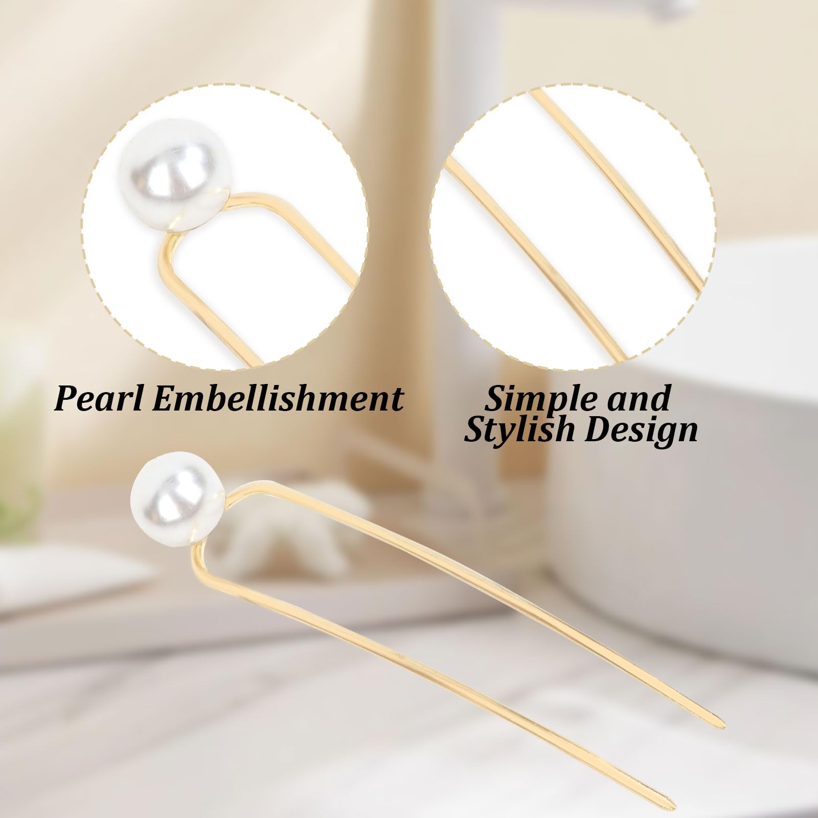 Padorul U-Shaped Pearl Hairpins for Women 2Pcs Silver and Gold Pearl Hairpins Metal Hair Clips Sticks Accessories Simple Design for Women’s Thick Hair Suitable for All Occasion Dressing-up - Image 3
