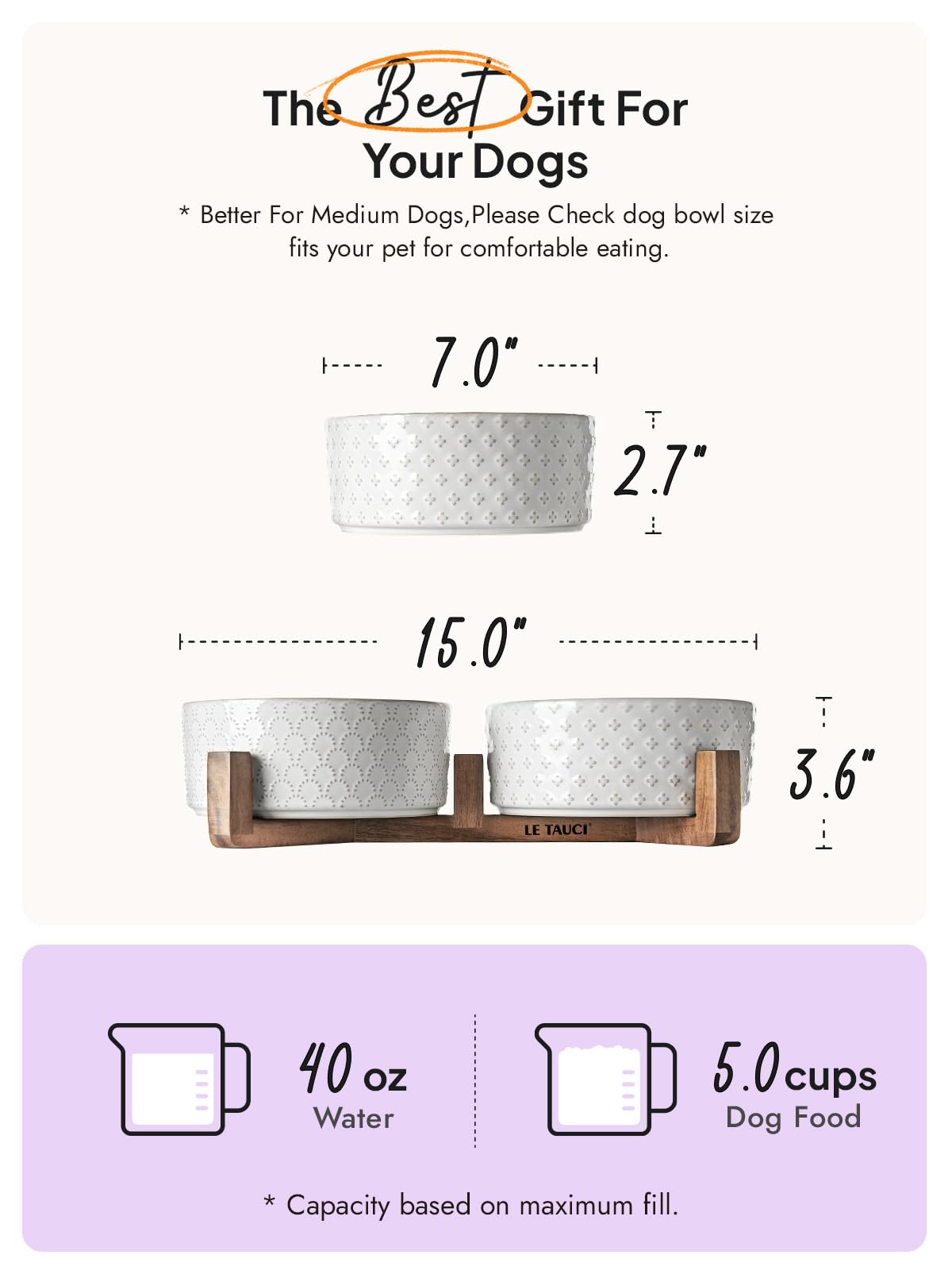 LE TAUCI Hundenäpfe Keramik, Napf-Set mit Akazienholzständer, 7 Zoll Hundefutter und Wassernapf für mittelgroße und große, gewichtete Hunde, Haustiernäpfe