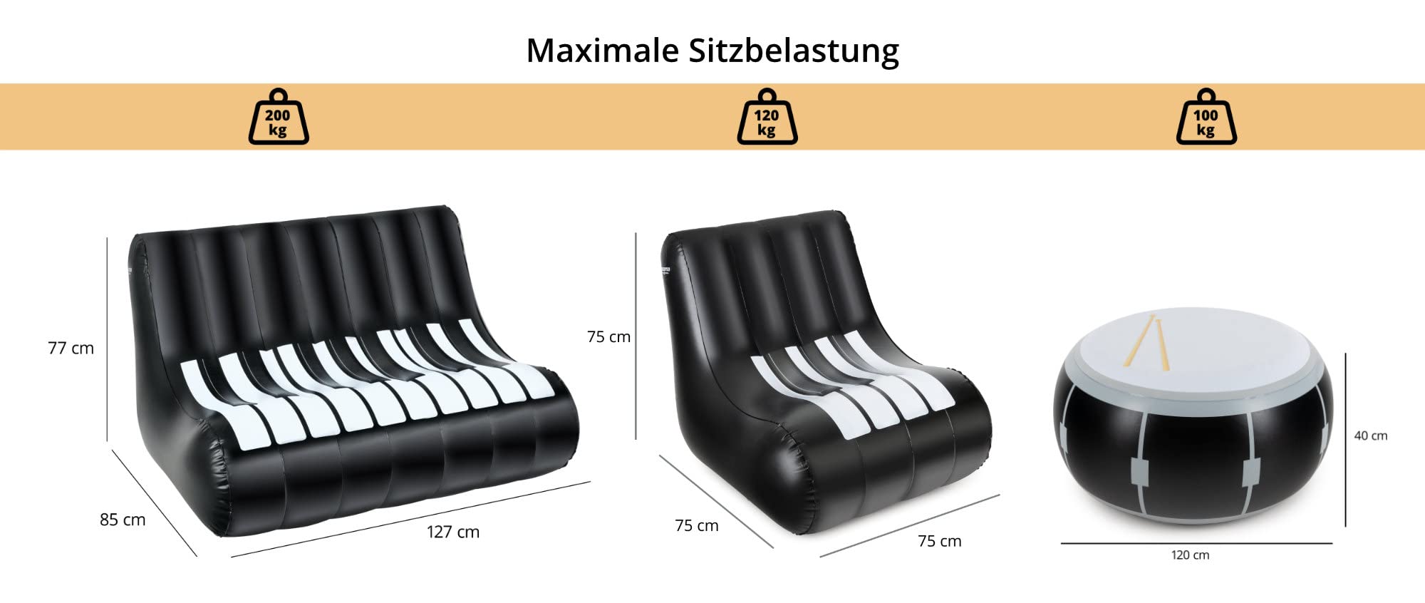 Stagecaptain IF-Set Aufblasbares Loungemöbel-Set - Sitzgarnitur aus PVC - Bestehend aus einem Tisch, einem Sessel und einem Sofa - Ideal für Festivals, Camping, Garten, Proberaum oder Wohnzimmer