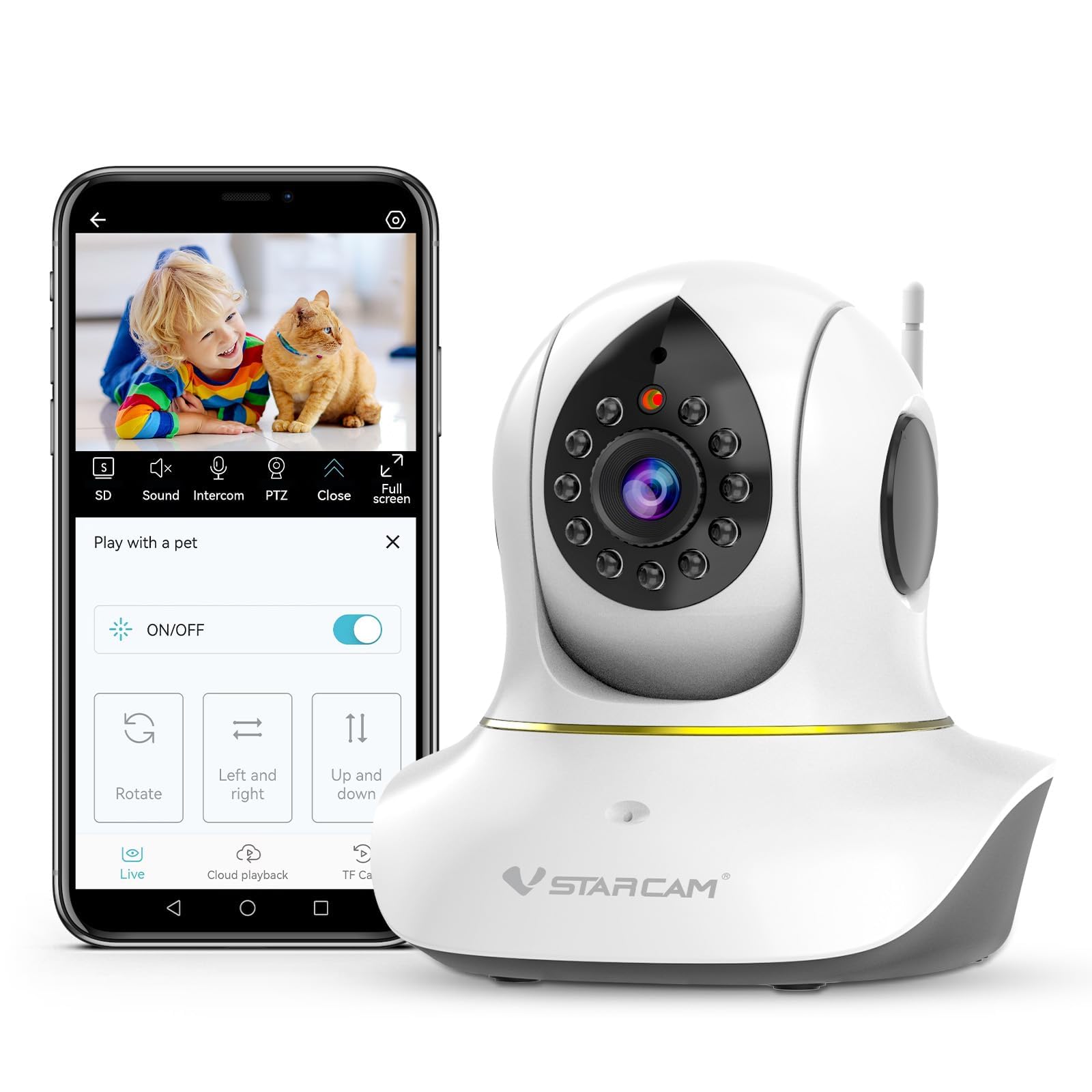 VSTARCAM 2K Überwachungskamera Innen, Interaktive Kamera für Hunde und Katzen mit Handy-App, 360° Linsenschwenkung und Neigung, Infrarot-Nachtsicht, Bewegungsverfolgung, 2-Wege-Audio