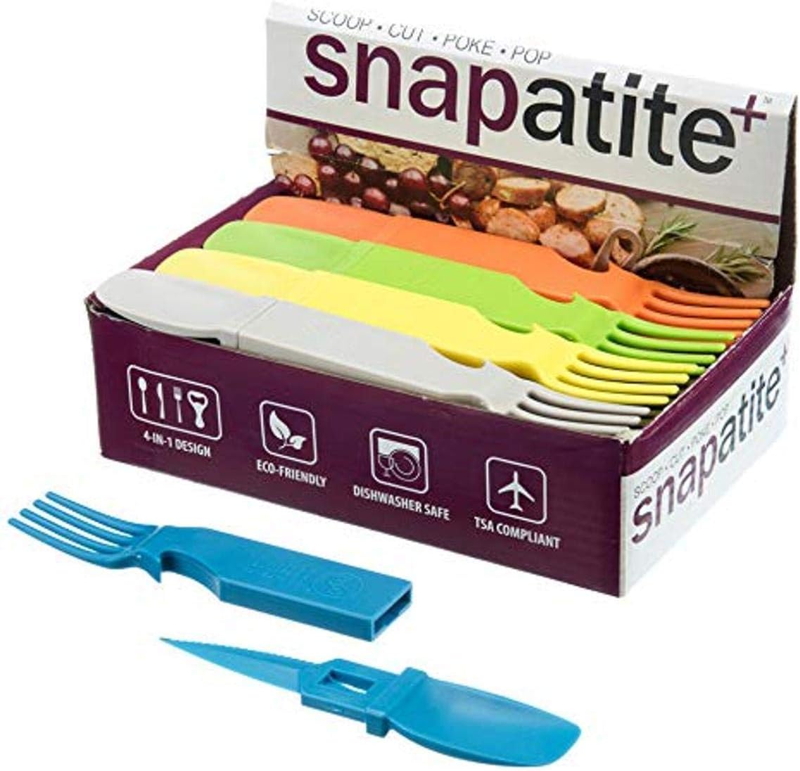 SE Snapatite 24-Piece 4-in-1 Utensil Set - Spoon, Knife, Fork, Bottle Opener - Lightweight, Dishwasher Safe, BPA Free, TSA Compliant for Camping, Travel, Everyday Use - OD-FS7-625AB