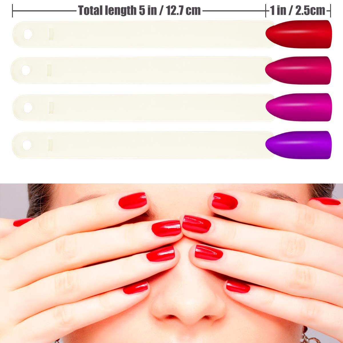 Onwon 100 Pieces Nail Art Polish Display Practice Stick with Metal Split Ring Holder - Fan Shape Finger Clipper Nail Art Tips Display Swatches Nail Polish Color Board Card Plates Practice Templates 2