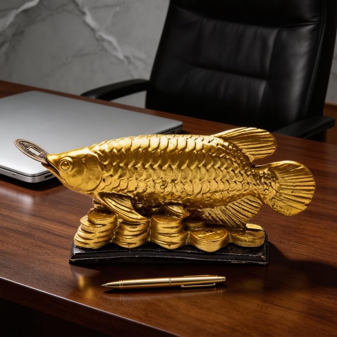 Feng Shui Golden Arowana Fish Strong Wealth Symbol & Protects Mishaps, Troubles Vastu Products Home & Office, Fiber