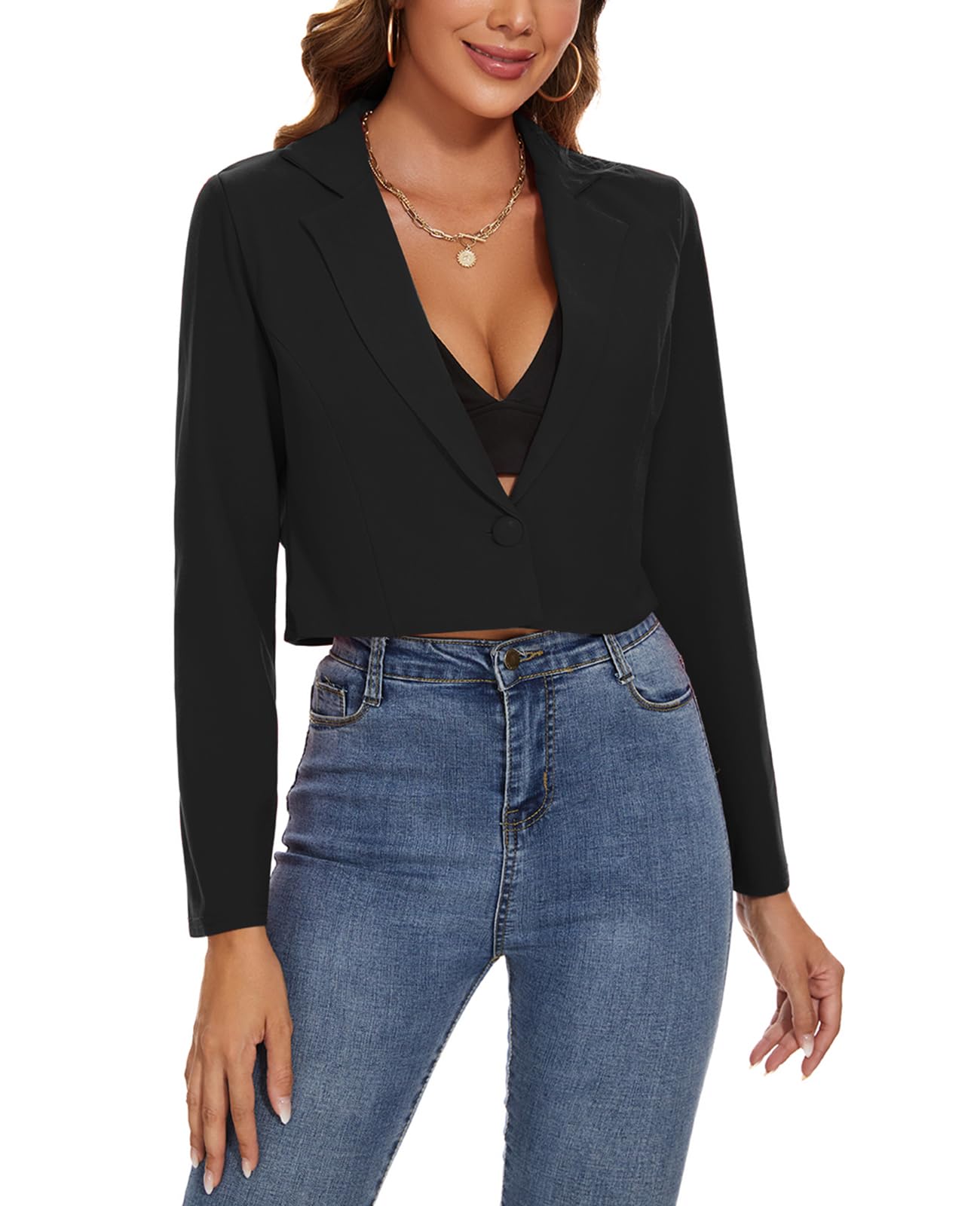 MINTLIMIT Womens Cropped Blazer Long Sleeve Notched Lapel Button Jackets Blazer Casual Work Office Cardigan Suit Jacket