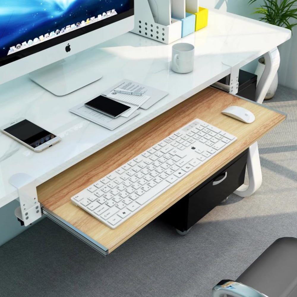 ZBBADGH Keyboard Tray Under Desk with C Clamp, Ergonomic Board Table Mount Armrest Shelf Slide Keyboard Drawer for Organize Keyboard Mouse/Beige/55Cm