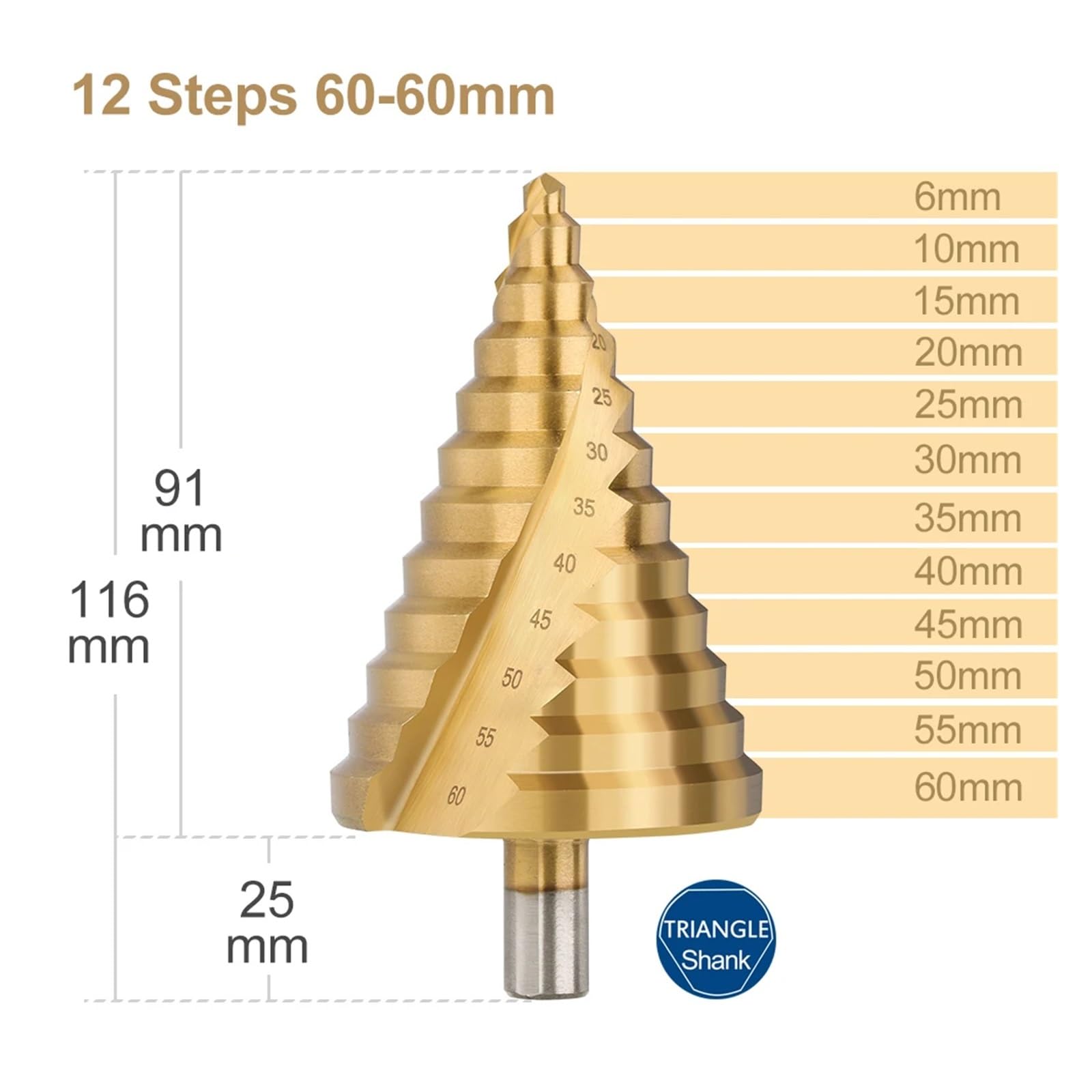 1 szt. 6-60 mm wiertło stopniowe spiralne do otworów pagoda, wiertło stożkowe do blachy, trzpień trójkątny, rozwiertak do otworów stopniowych