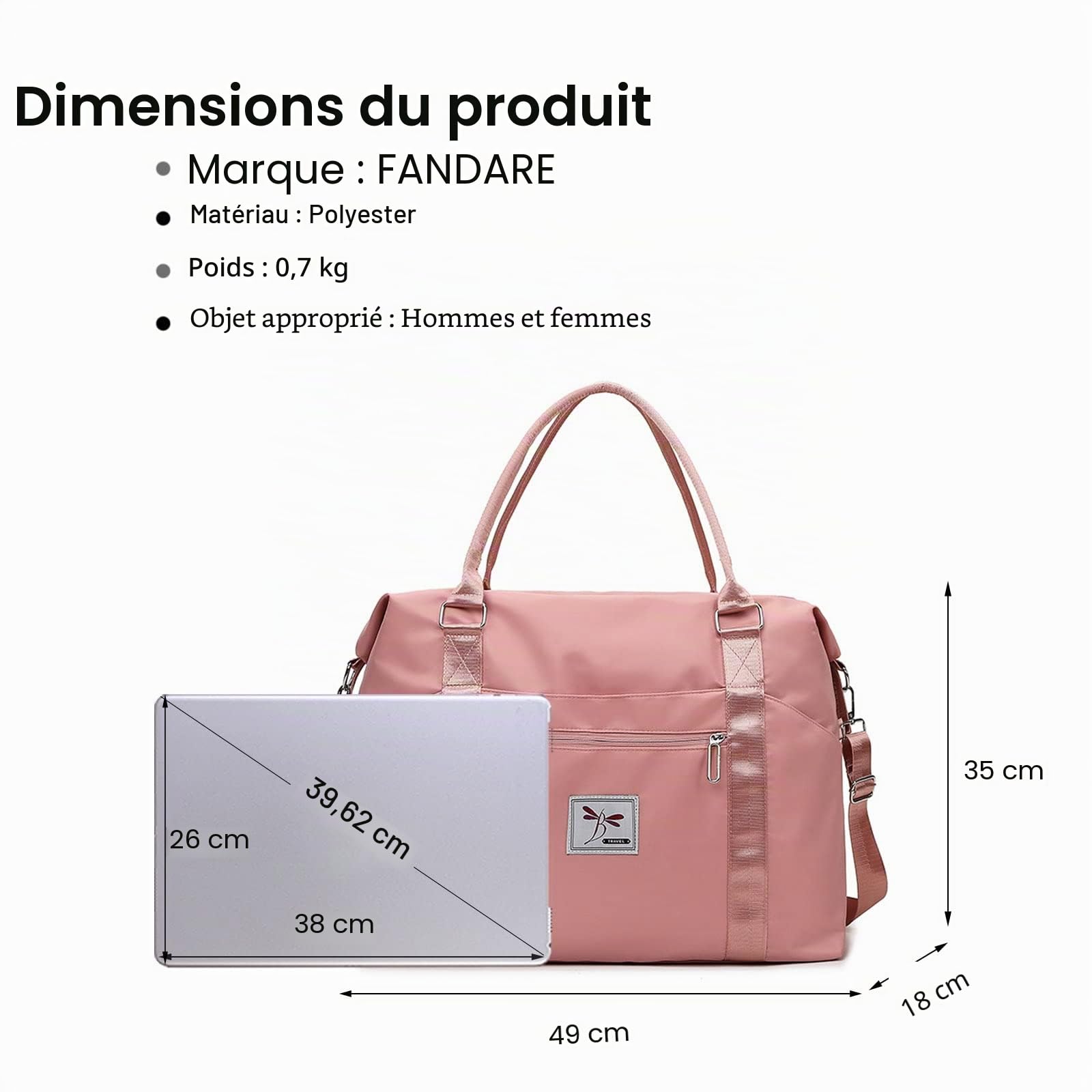 FANDARE Femme Sacs de Voyage Sacs de Sport Cabas de Fitness Sacs de Sport Grand Format Sac à bandoulière Sac à Main Sac à Dos Grande Taille Sac Week-End Voyage Léger Sacs polochons Rose