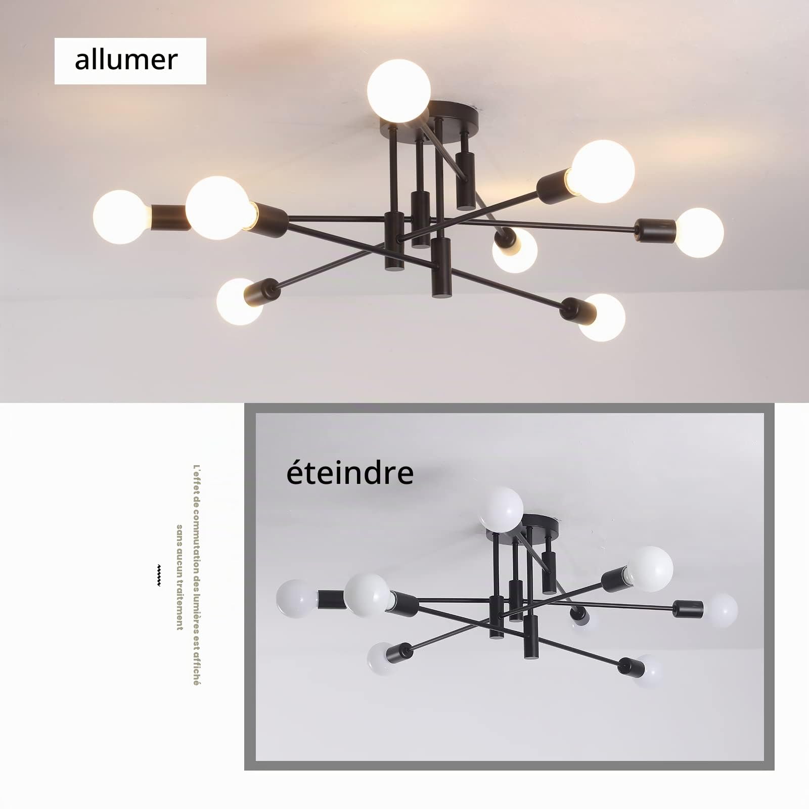 Moderne Noir Lustre Plafonnier 8 Lumières Style Industriel | Luminaire Plafond Design Sputnik pour Salon, Chambre, Salle à Manger, Cuisine, 87 cm