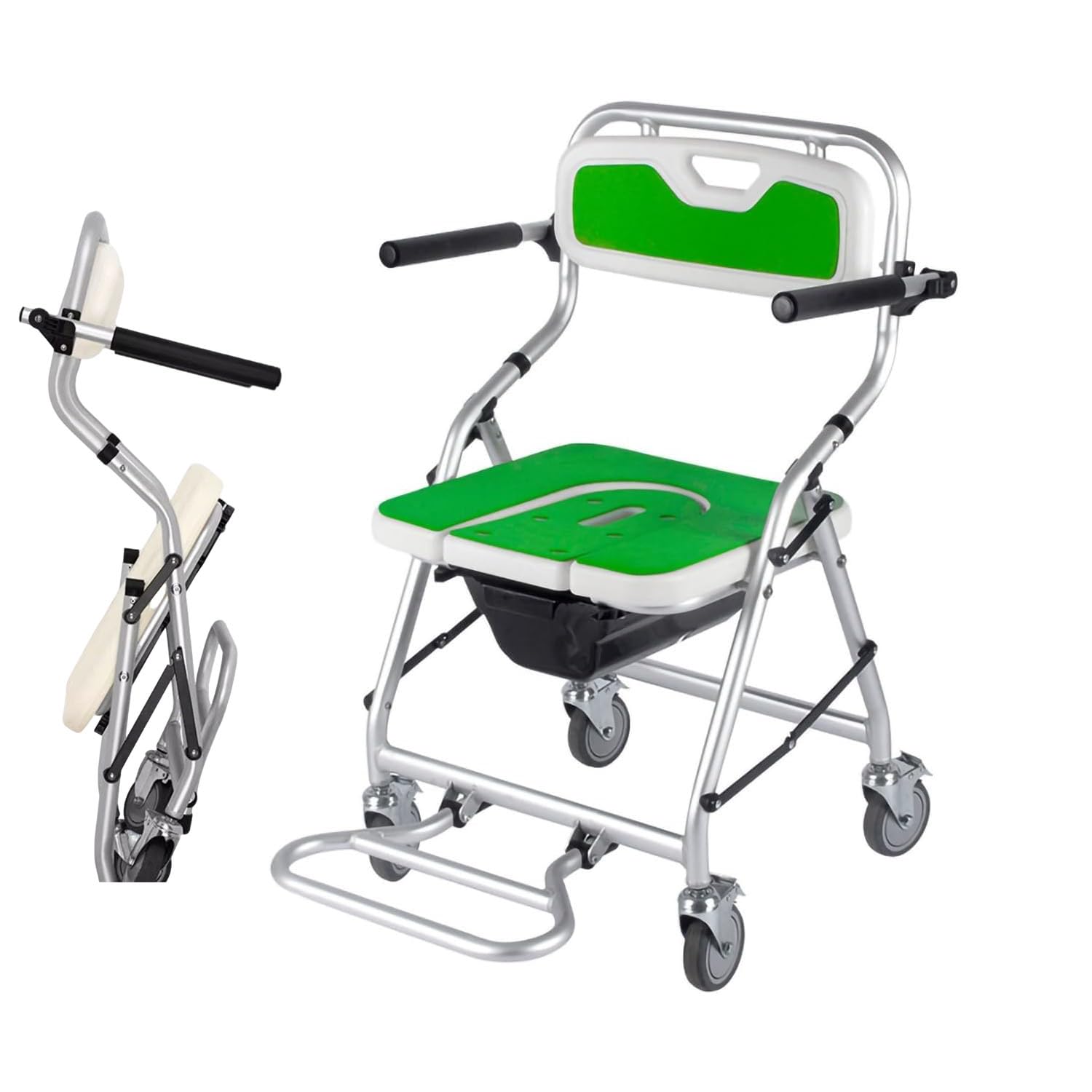 Foldable Shower Chair, Toilet Chair with Seat Belt Commode Anti-Slip Armrest Backrest & Toilet, Height Adjustable for Elderly Disabled(Green)