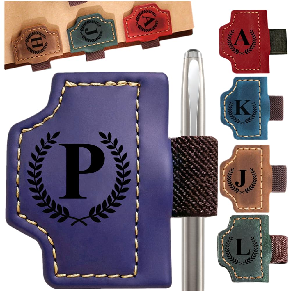 Custom Bookmark with Pen Holder with 26 Letters Personalized Magnetic Leather Book Mark, Customized Name Book Marker Clip with Initial for Men Women, Gifts for Book Lovers, Readers, (Purple, P)