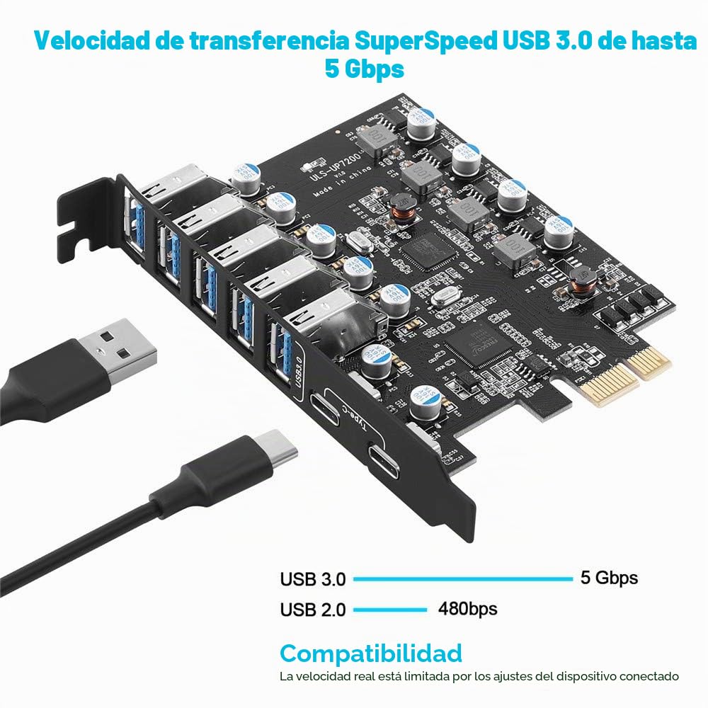 Tarjeta de Expansión 7 Puertos (2X Tipo-C, 5X Tipo-A) PCIe USB 3.0 (USB 3.2 Gen 1) 5 Gbps para PC de Sobremesa Compatible con Windows Mac