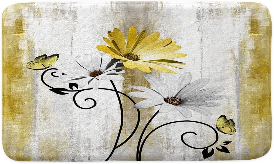 VeiVian Rustic Farmhouse Bath Mat, Farm Yellow Daisy Floral Flowers Butterfly Country Wooden Bath Rug for Bathroom, Grey White Bath Mat Soft Non Slip Bath Rugs, 16X24IN