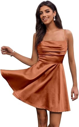 A-Line Spaghetti Short Homecoming Dress for Teens, Pleated Mini Satin Cocktail Party Gowns for Women Burnt Orange