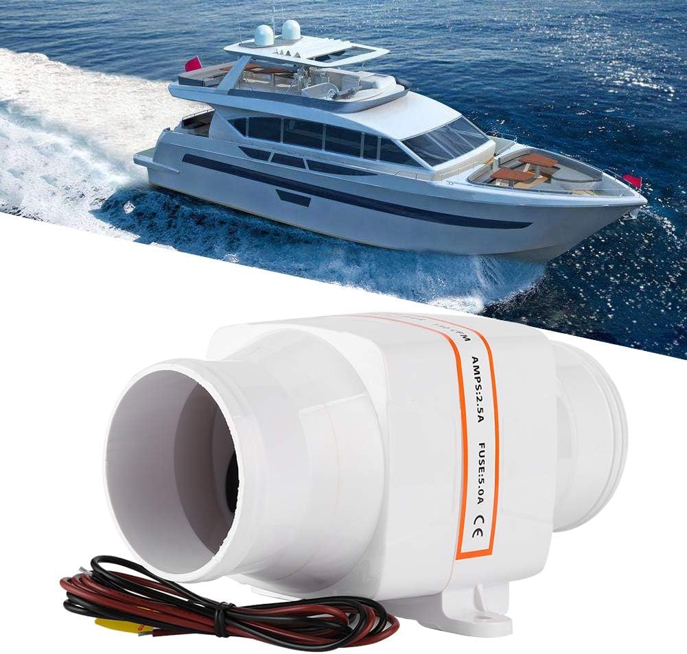Ventilador de Aire de 12 V/24 V Ventilador de sentina Marina en l¨ªnea de 3 Pulgadas, Ventilador de ventilaci¨®n silencioso y Fuerte, para yate, Barco, RV, Blanco(12V)