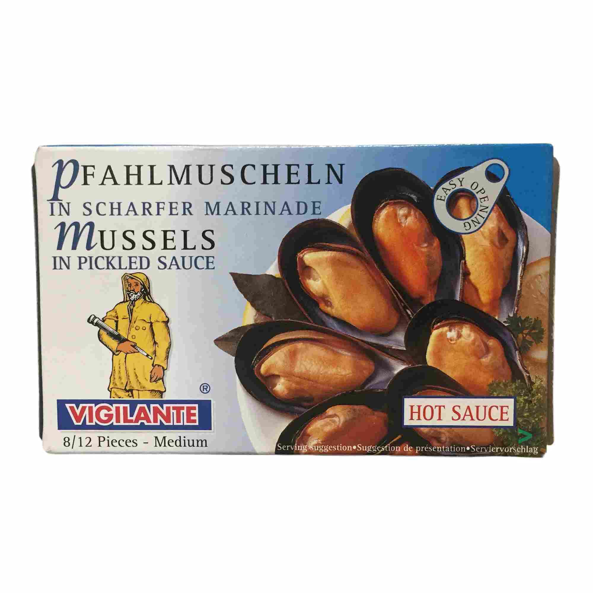 Vigilante Pfahlmuscheln in scharfer Marinade 3er Pack (3x115g Packung) + usy Block