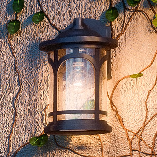 Luxury Rustic Outdoor Wall Light, Small Size: 11H x 7W, with Colonial Style Elements, Wrought Iron Design, Oil Rubbed Parisian Bronze Finish and Seeded Glass, UQL1101 by Urban Ambiance