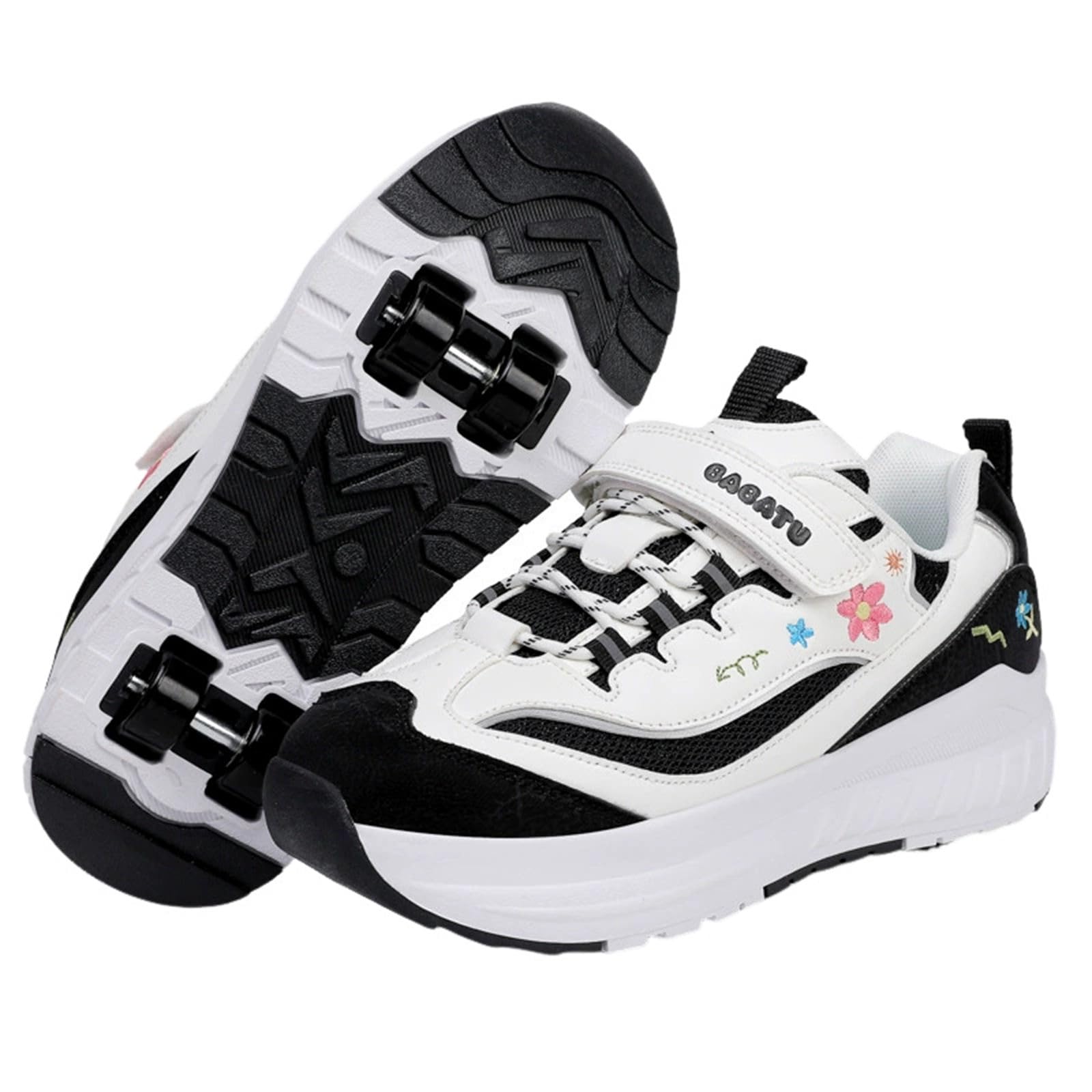 Surwin Schuhe mit Rollen Kinder Mädchen Jungen, Stickerei Blume Turnschuhe mit 4 Rollen Rollschuhe Schuhe Skateboardschuhe Roller Skate Shoes Rollschuhe Sneaker für Sport