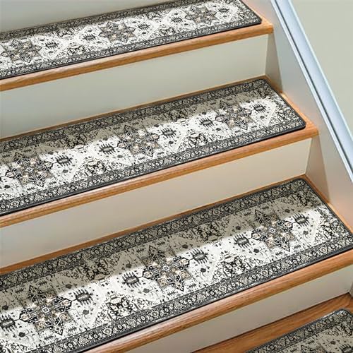 Boho Stair Treads Non Slip - Carpet Stair Treads for Wooden Steps Indoor, Stair Rugs for Kids, Elders and Dog, Stair Runners for Wooden Steps, 15 pcs