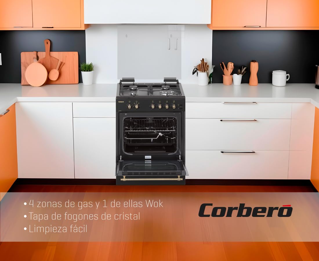 Corberó - Cocina de Gas Butano Excellence 60cm | CCSF6022NR | 4 Fuegos | Horno 55L con puerta triple cristal| Función Ruste pollos | Tapa Fogones Cristal| Wok con Quemado| Negro Rústica