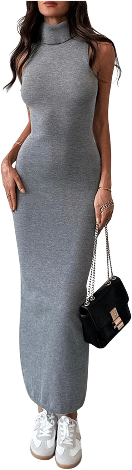 GORGLITTER Women's Turtleneck Long Sweater Dress Sleeveless Elegant Bodycon Knitted Maxi Dresses Spring Outfits