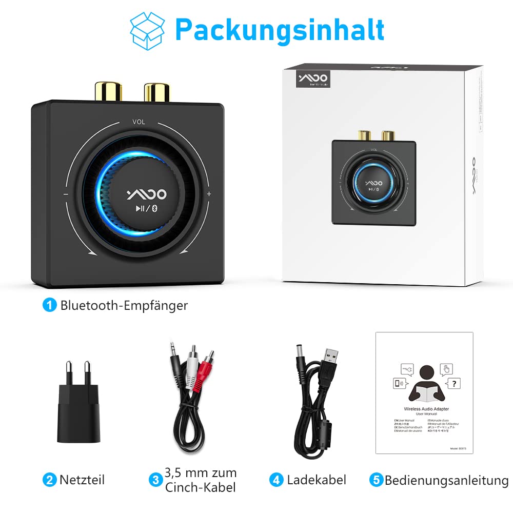 YMOO Bluetooth 5.3 Audio Empfänger für Stereoanlage, HiFi Bluetooth Adapter AUX mit 3,5 mm Klinke & Cinch-Eingang, Kabelloser Audio Receiver für Handy, PC & Verstärker, 15 m Reichweite