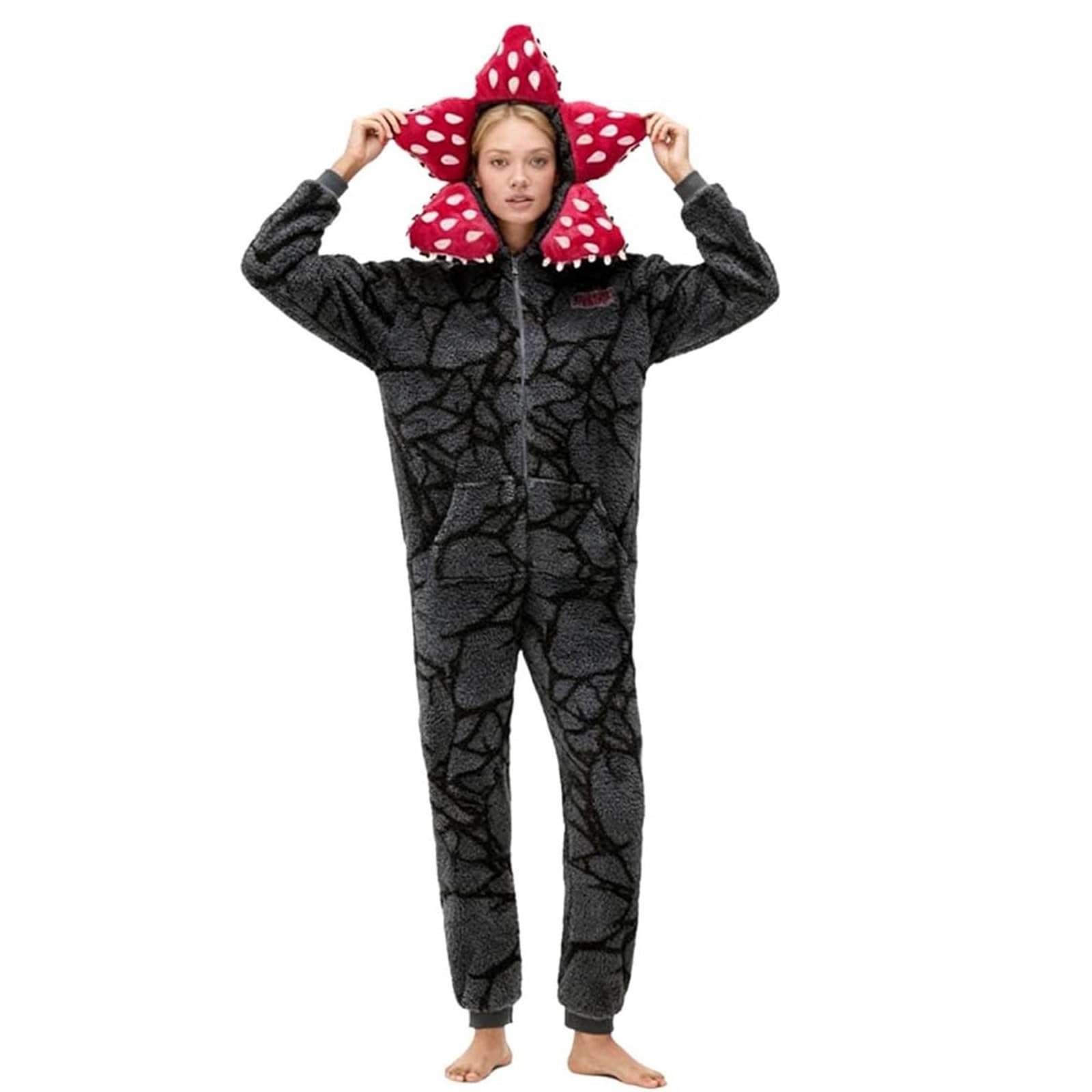 Pigiama unisex 3D D-Demogorgon a maniche lunghe pigiama monopezzo D-Demogorgon tuta con cappuccio in pile pigiama autunno inverno Natale pigiama per adulti
