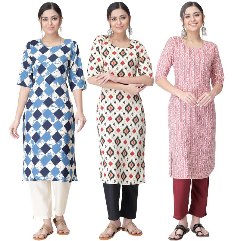 Pinkmint Women's Crepe Printed Kurta Pant Straight Kurta Set For Women(Pack Of 3)