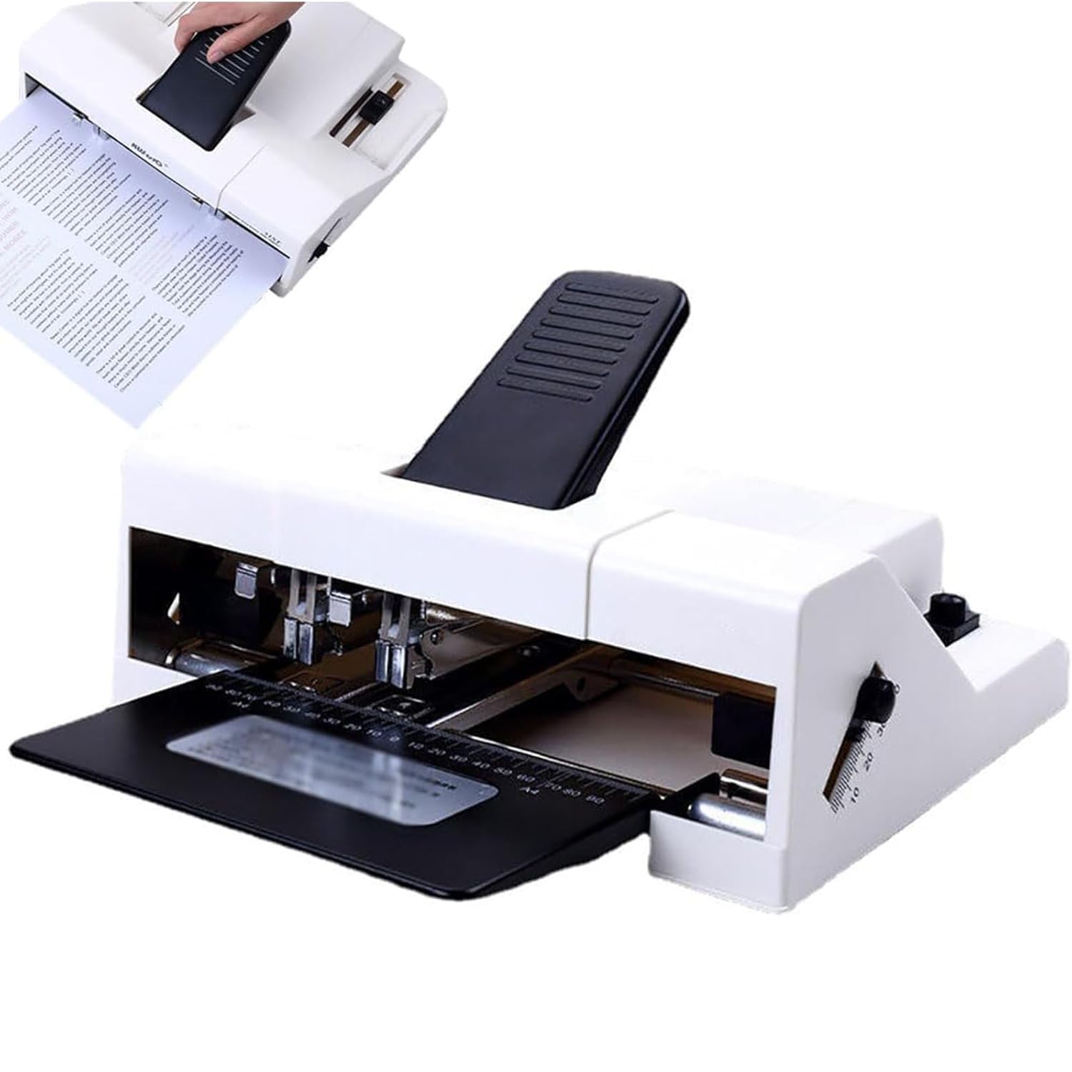 Cucitrice a doppia testa per impieghi gravosi con profondità regolabile da 2 a 210 mm, capacità di 50 fogli, ideale per rilegatura in ufficio e a scuola.