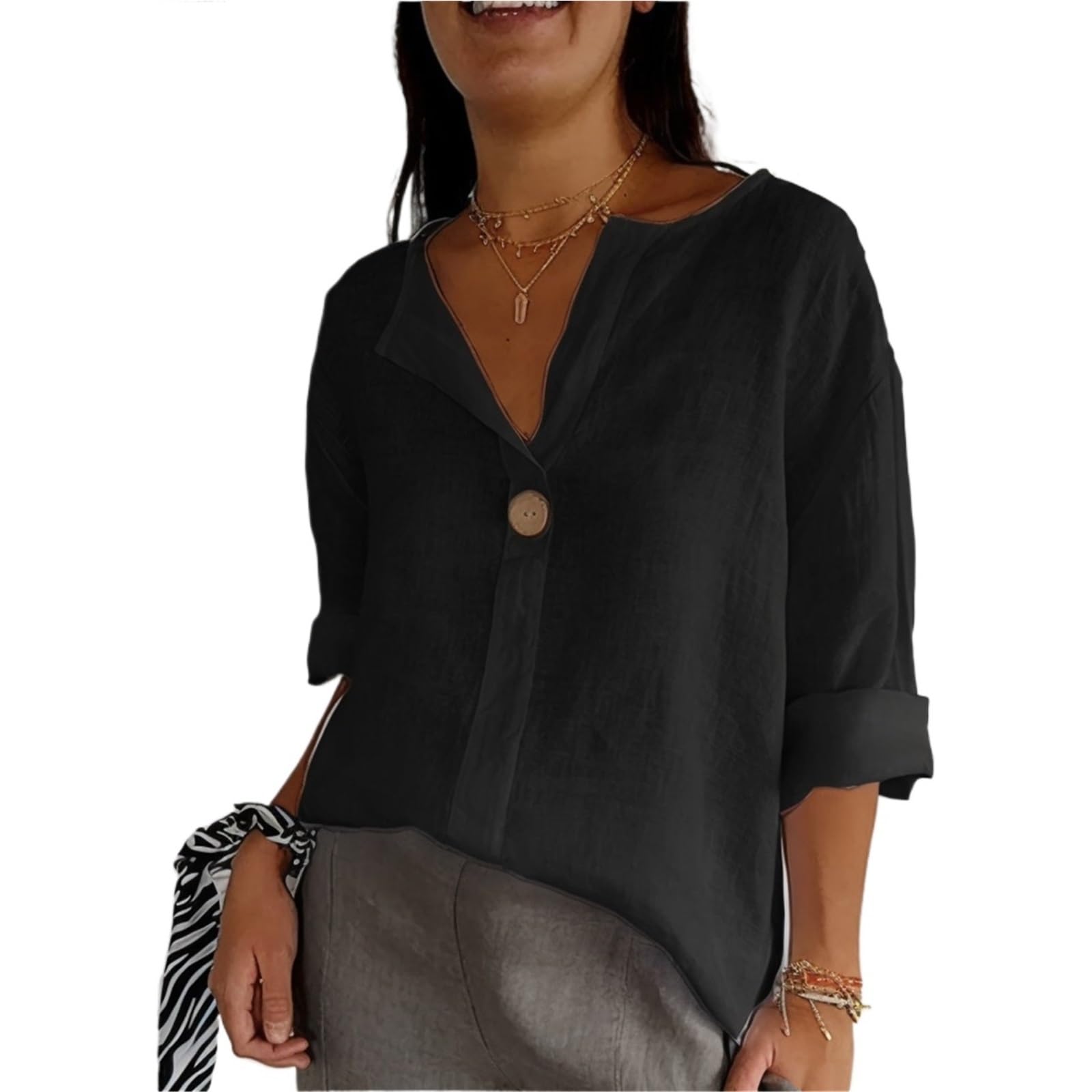 Copricostume Donna Camicie Da Donna Camicette Magliette Con Scollo A V | Pullover ampio in lino casual con maniche a 3/4(Purple,S)