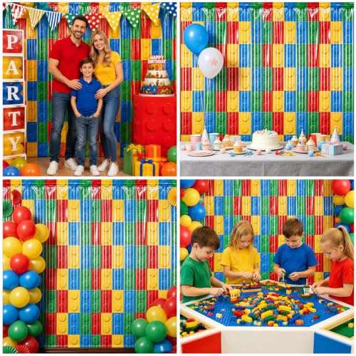 Image of 2 Packs Building Block Foil Fringe Curtain, Red Yellow Blue Green Glitter Metallic Tinsel Backdrop for Birthday, Baby Shower, Video Game Theme Party Decorations Supplies