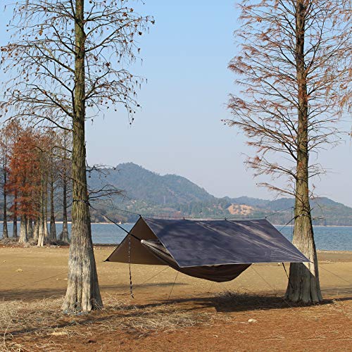 Image of Hammock Rain Fly Tent Tarp Provides Effective Protection Against Rain, Snow. 32ft Long Ridgeline. Big 9.8x9.5ft Durable, Waterproof 210D Oxford. 6 Reflective Guy Lines, 2 Stuff Sacks. Easy Assembly