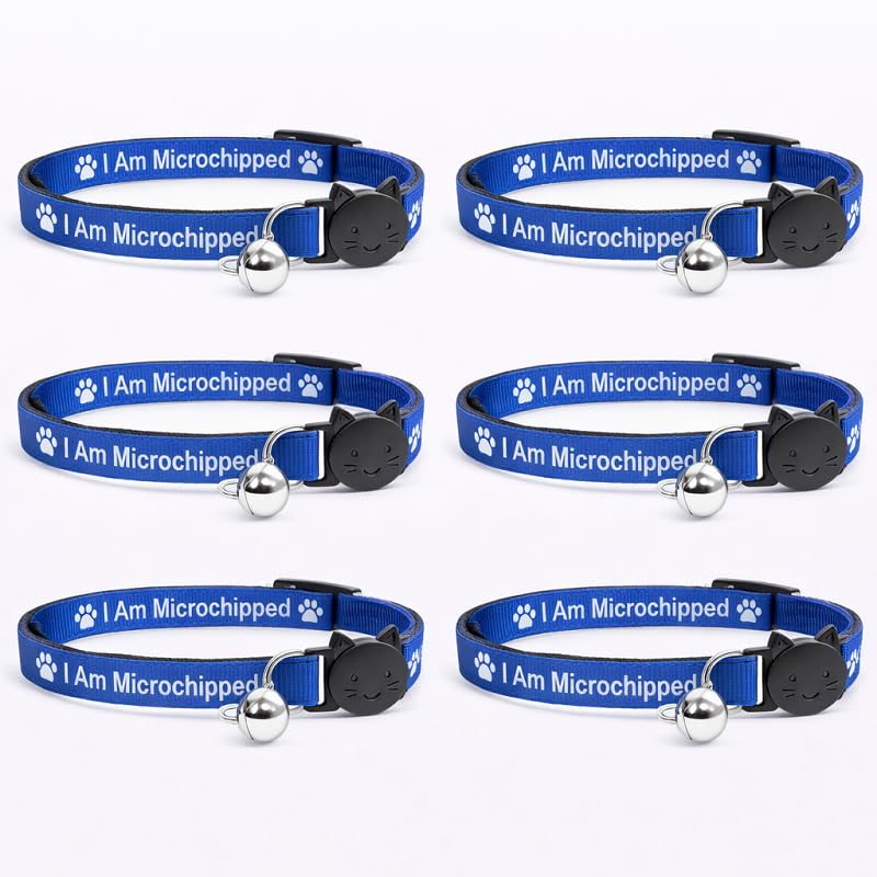 Worded Cat Collars – Please Do Not Feed Me, I Am Microchipped | Safe Quick Release Breakaway Buckle | Zacal Cat Collars (Pack of 6, Blue, I Am Microchipped)