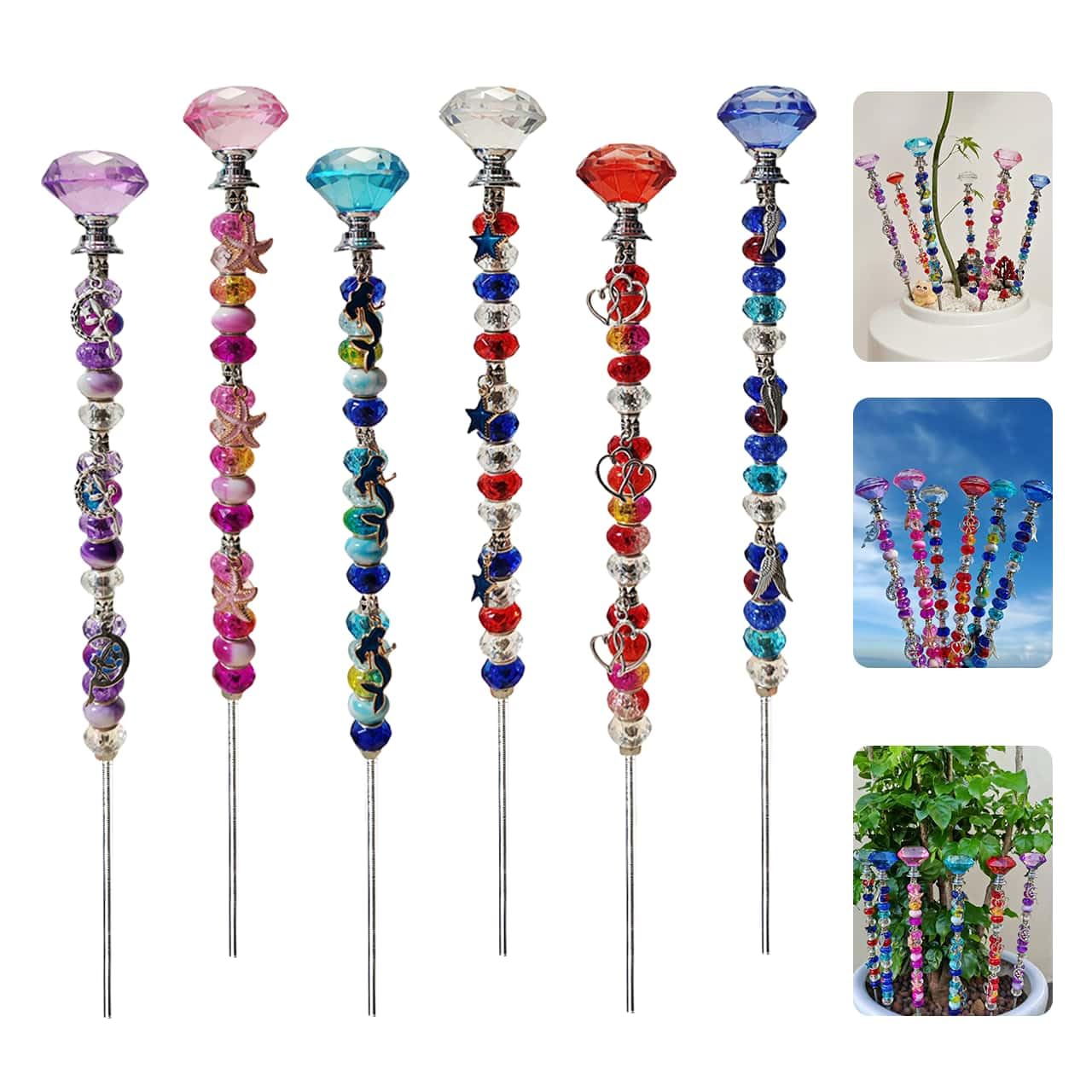 140Pcs DIY Garden Stakes Decorative Beadable Items for Different Festivals Fairy Wand Beaded Garden Stakes Kit Fairy Garden Accessories Outdoor (Diamonds)