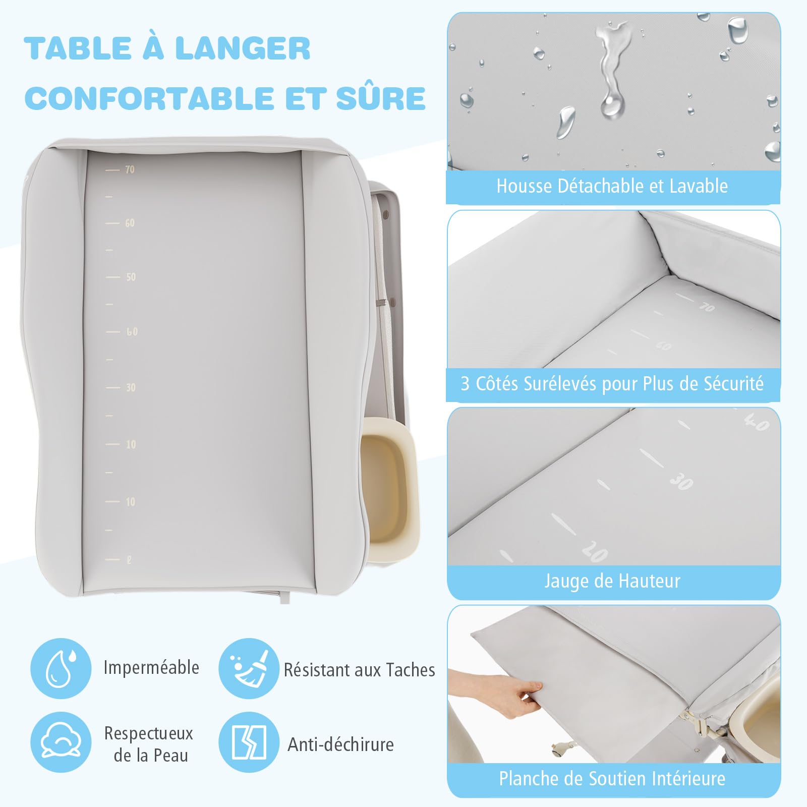 COSTWAY Table à Langer Pliable et Portable, Table a Langer Bébé Charge 11KG avec Bassin d'Eau Panier de Rangement et Ceinture de Sécurité Hauteur 80-85CM Roues Verrouillables (Gris)