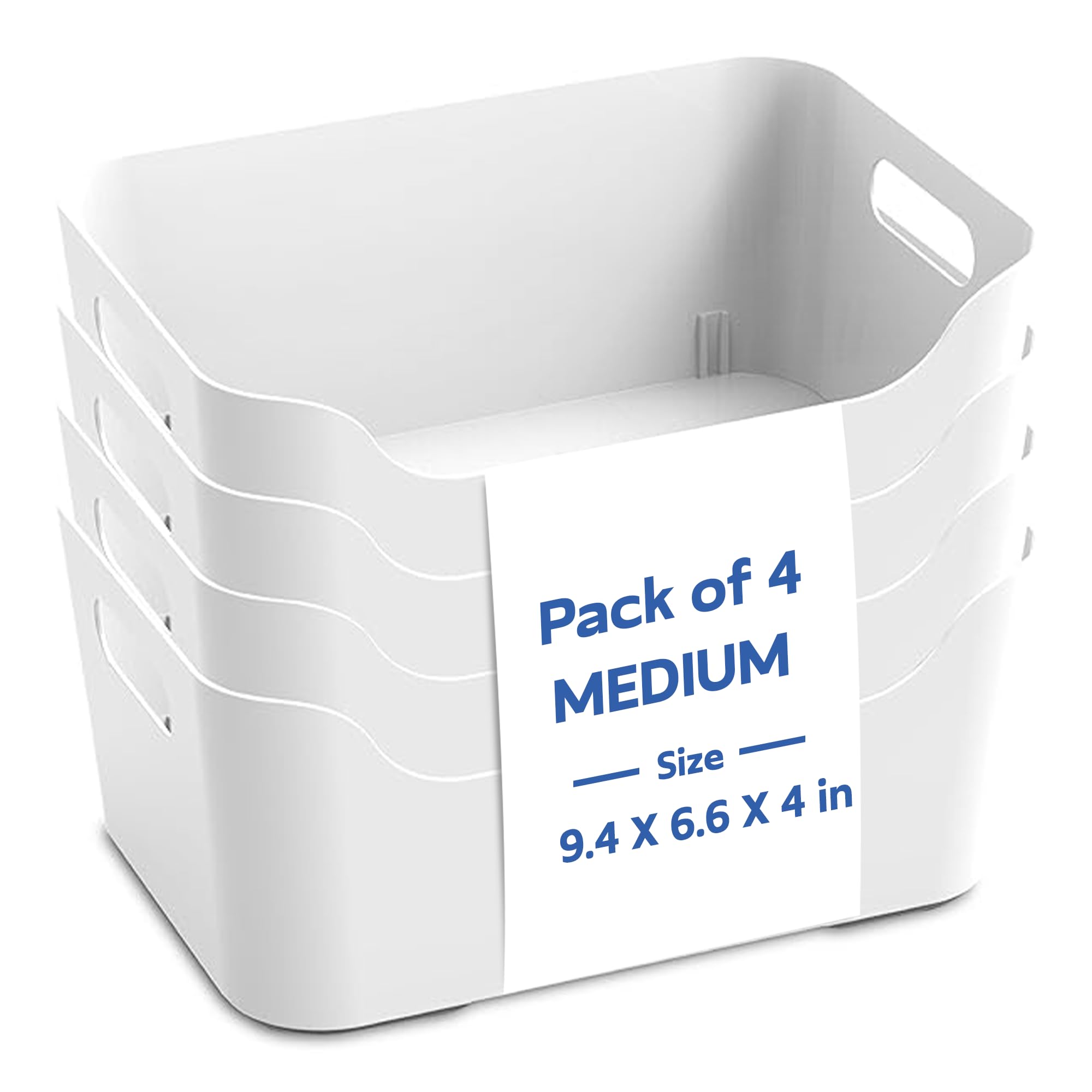 KOLORR Jolly Plastic Medium Basket with Handle for Storage Box| Multipurpose Light Weight Plastic Baskets organiser for Clothes Toys Stationary Cosmetics Livingroom Bathroom | Pack of 4 - Nir White