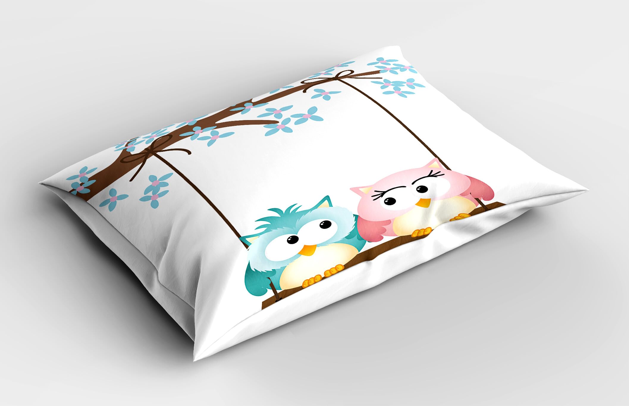 Ambesonne Cartoon Pillow Sham Set of 2, 2 Owls in Love on a Swing Blossoming Tree Branch Spring Romance, Quality Microfiber Bedding Item for All Seasons, 36
