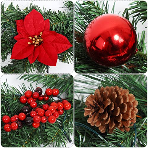 6 FT Pre-Lit Christmas Garland for Front Door, Battery Operated Xmas Garland with 20 LED Lights Red Flower Pinecones Ball Ornaments for Fireplace Mantel Porch Christmas Indoor Outdoor Decor