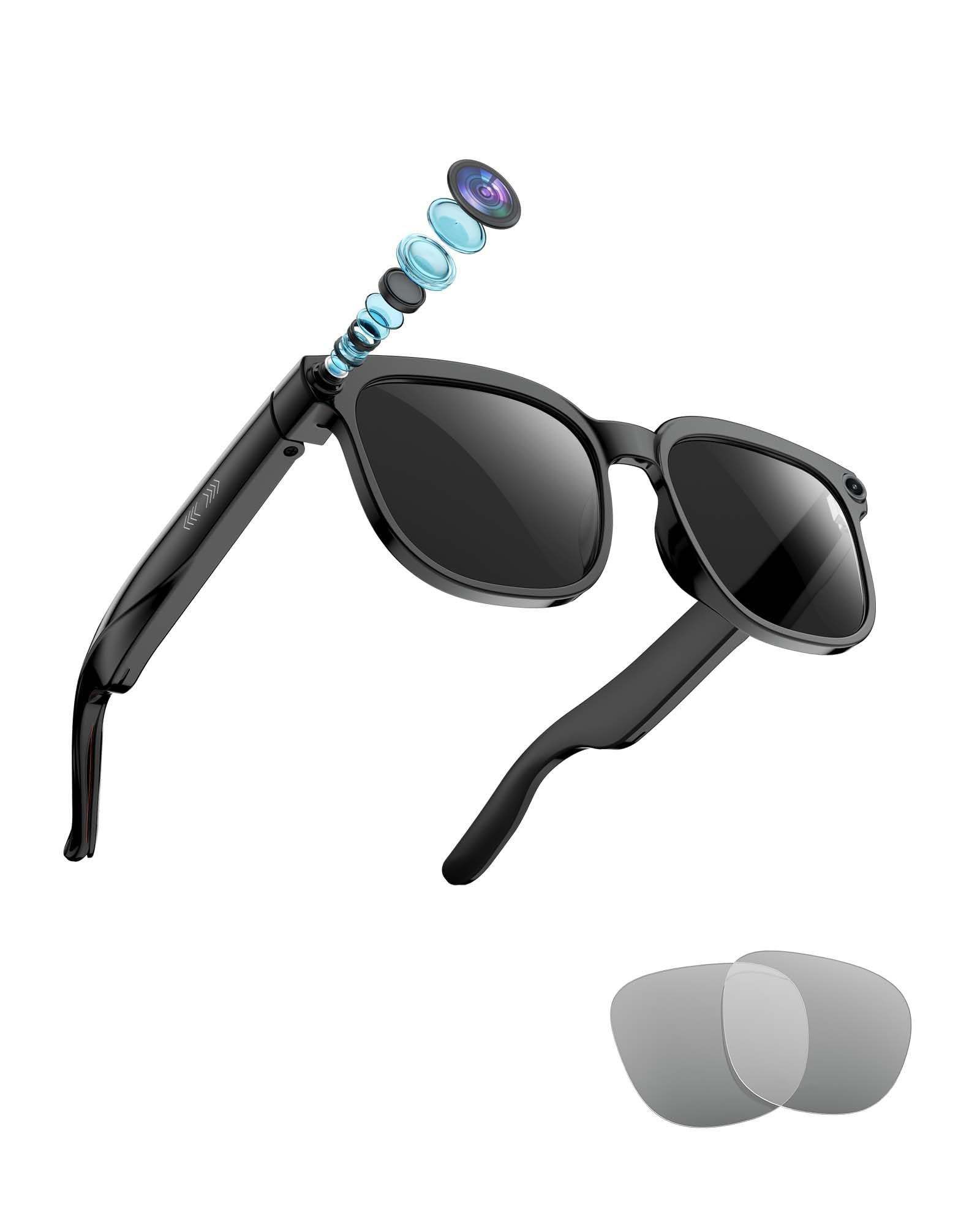 AI Smart Camera Glasses 1080P HD Video 8MP Photo Bluetooth Open Ear Music Calls Interchangeable Sunglasses Clear Lenses
