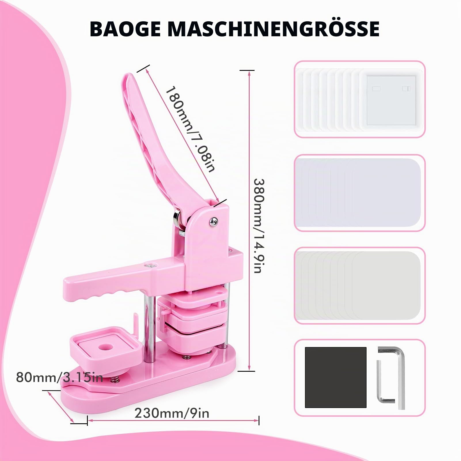 Button-Maschine, 50 mm, quadratisch, DIY-Kühlschrank, Abzeichen-Press-Set mit 100 Knopfteilen für Geschenke, Pin-Hersteller, Rosa