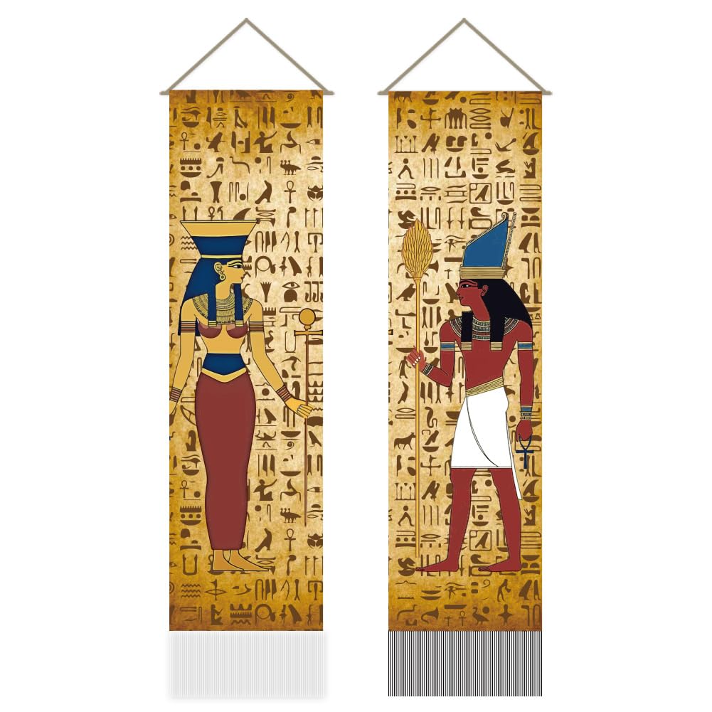 AHANDMAKER 2 tapices jeroglíficos de Egipto, tapiz jeroglífico vertical del antiguo Egipto para colgar en la pared, tapiz de pared con borla con temática egipcia para dormitorio, sala de estar (45.7 x