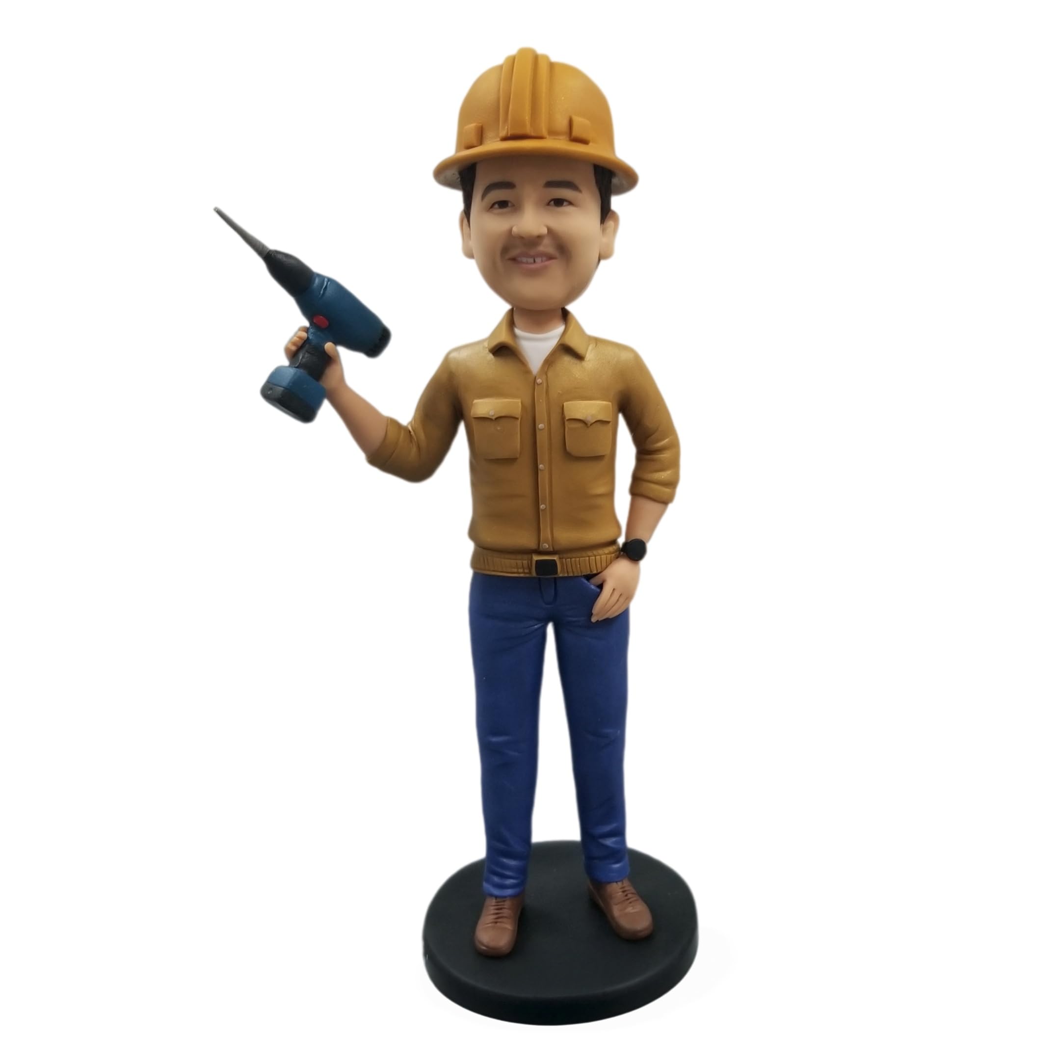 Figura 3D personalizada de cabeza bobblehead, figura de foto masculina trabajador de la construcción, manitas, reparador, sombrero duro y taladro eléctrico, adorno de escritorio, regalos para