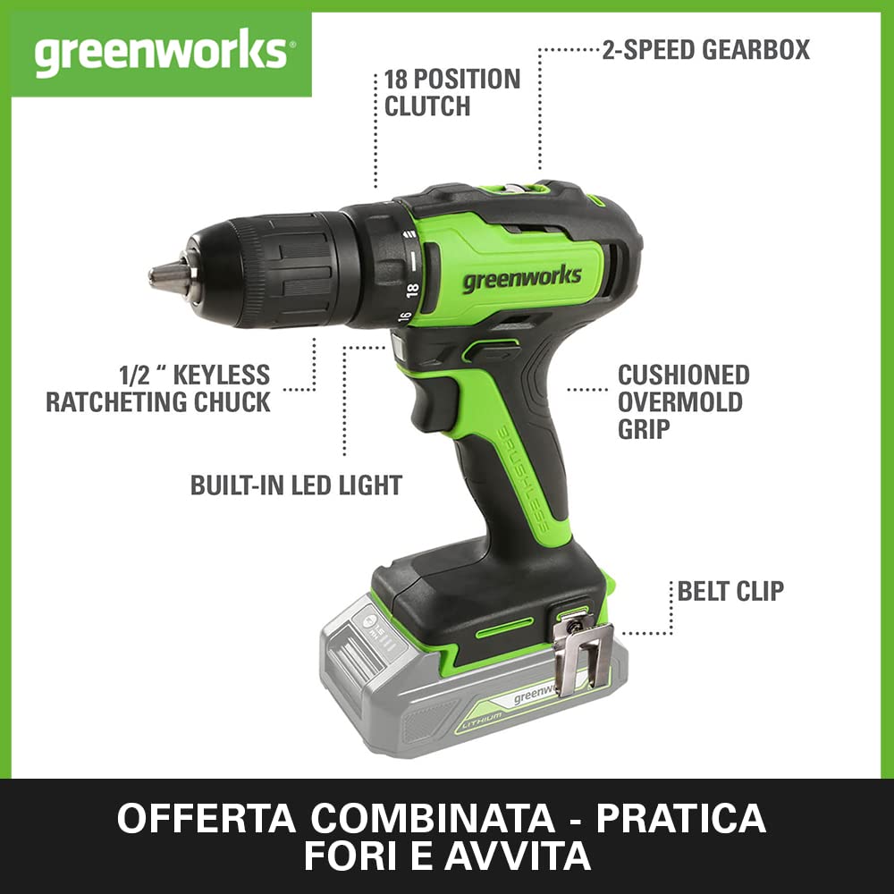 Greenworks GD24DD35K2 Trapano Avvitatore e GD24ID200 Avvitatore a Impulsi PIÙ 2 Batterie da 24V 2Ah e Caricabatterie, Garanzia 3 Anni