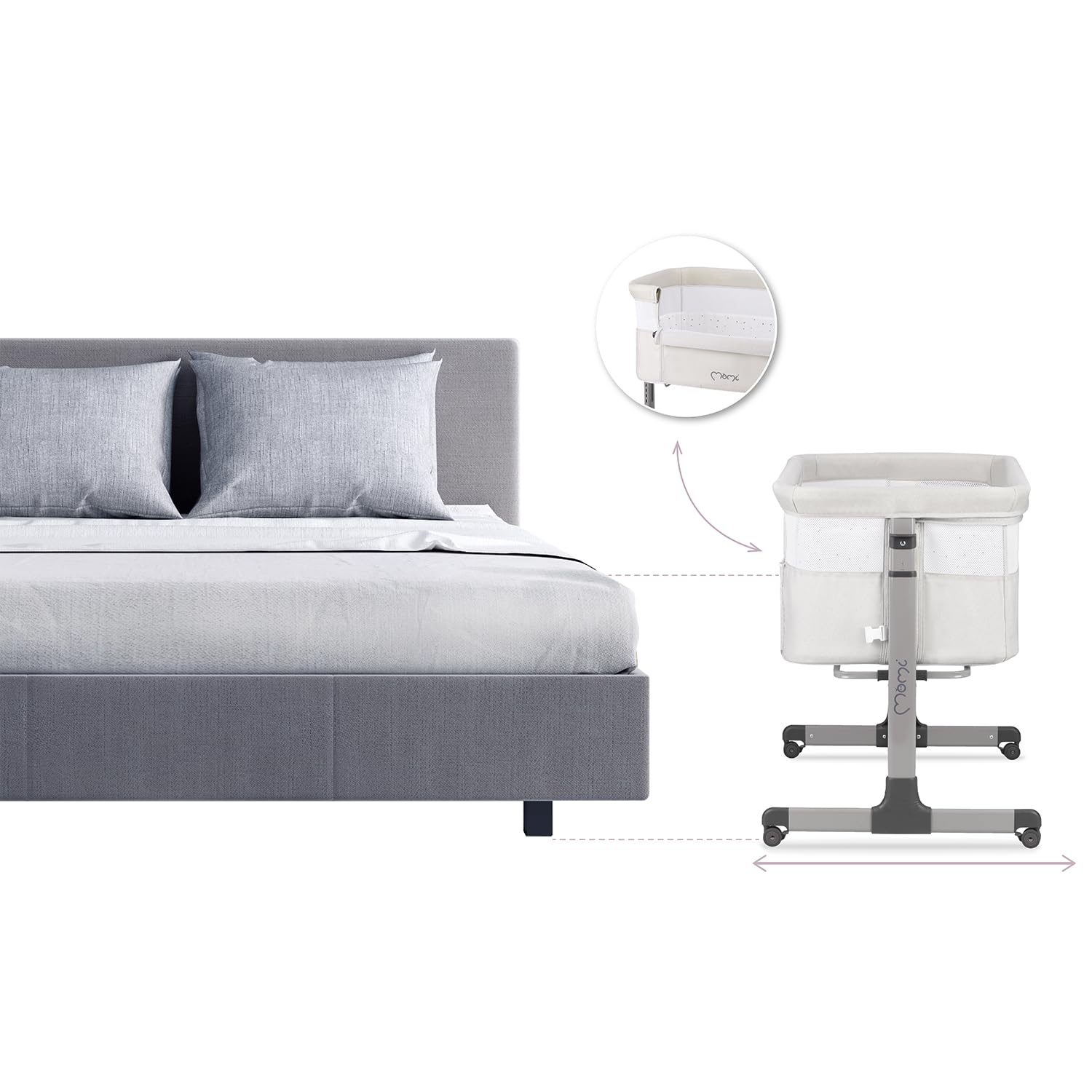 Momi REVO Cuna Multifuncional Ajustable en 6 Posiciones de Altura de 72 a 82 cm, con Ruedas, colchón Incluido, Correas de fijación, mosquitera y Barra de Juguetes
